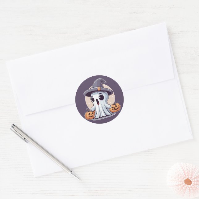 Halloween: Ghost with Pumpkins Classic Round Sticker (Envelope)