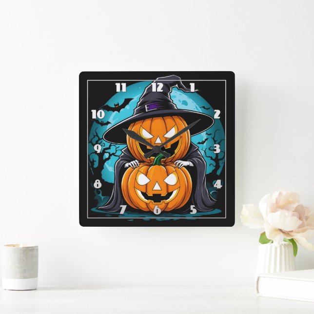 Halloween ghost with pumpkins under the moonlight square wall clock (Home)