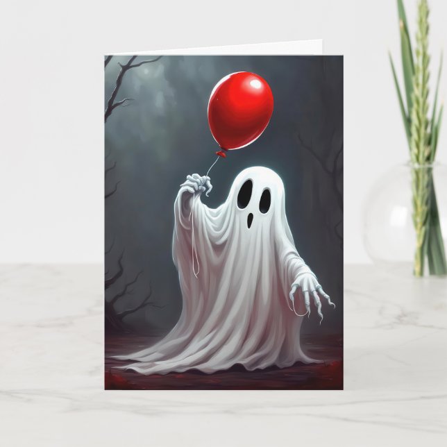 Halloween Ghost With Red Balloon Holiday Card (Front)
