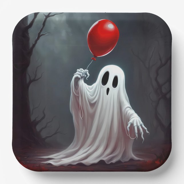 Halloween Ghost With Red Balloon Paper Plates (Front)