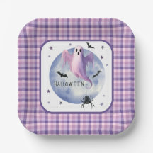 HALLOWEEN Ghost With Spider Purple Gingham Pattern