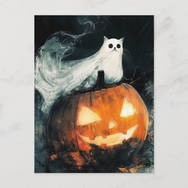 Halloween GhostCat  and Jack o Lantern Postcard (Front)