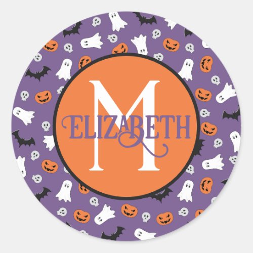 Halloween Ghosts and Bats Monogram Classic Round Sticker