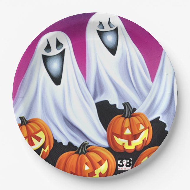 Halloween Ghosts and Pumpkins Paper Plates (Front)