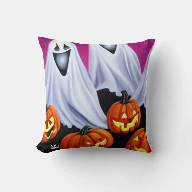 Halloween Ghosts and Pumpkins Throw Pillow (Front)