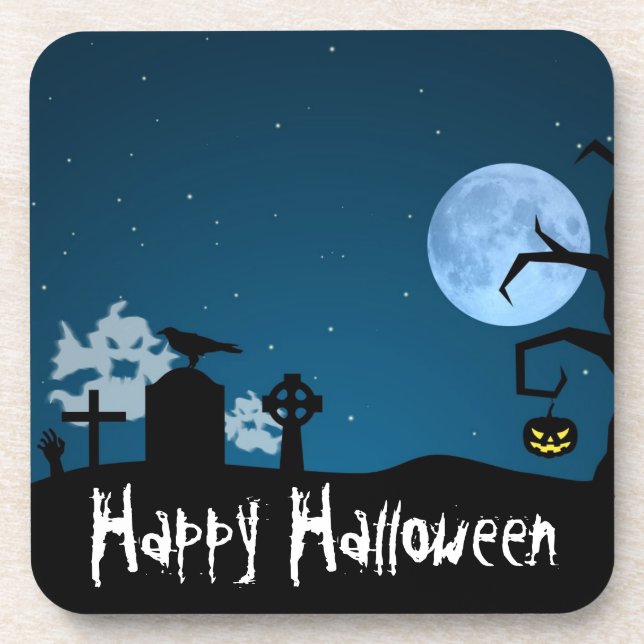 Halloween Ghosts at Graveyard Beverage Coaster (Front)