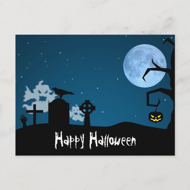 Halloween Ghosts at Graveyard Postcard (Front)