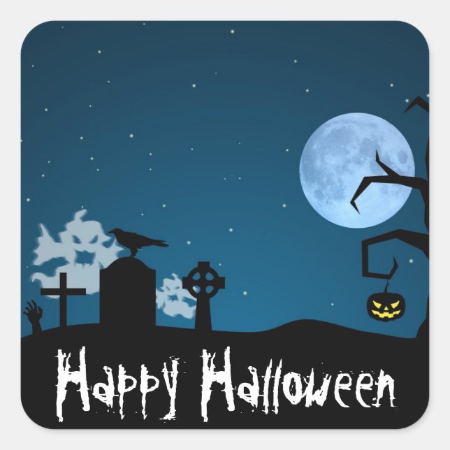 Halloween Ghosts at Graveyard Square Sticker (Front)