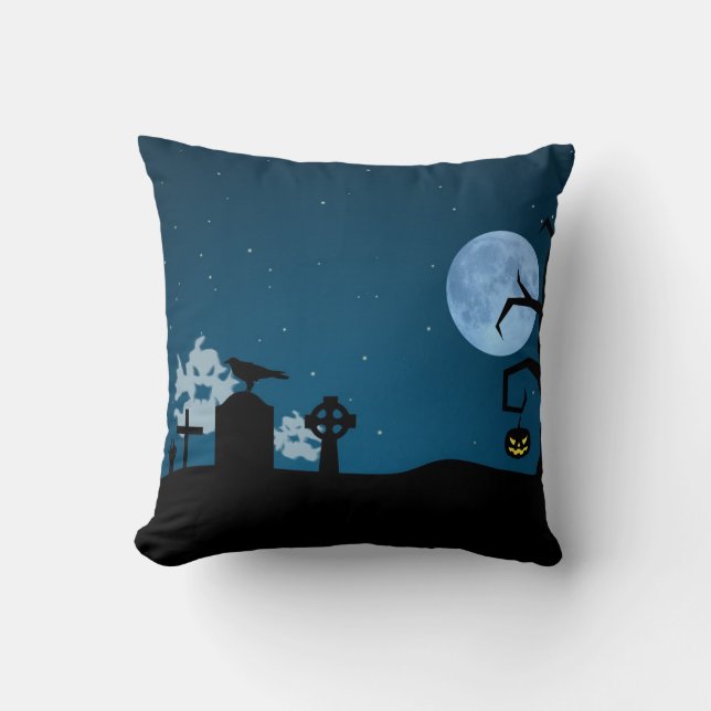 Halloween Ghosts at Graveyard Throw Pillow (Front)