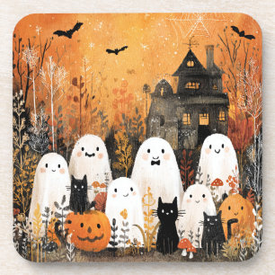 Halloween ghosts, black cats and bats, beverage coaster