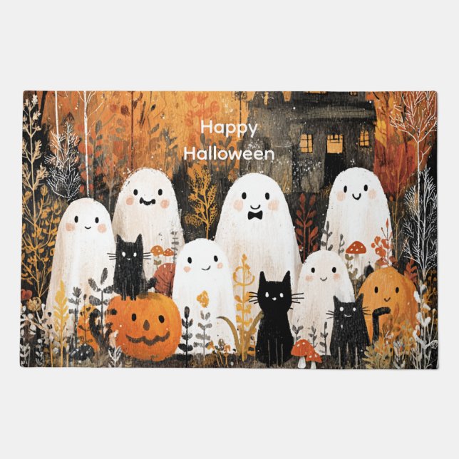 Halloween ghosts, black cats and bats, doormat (Front)