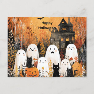 Halloween ghosts, black cats and bats, holiday postcard