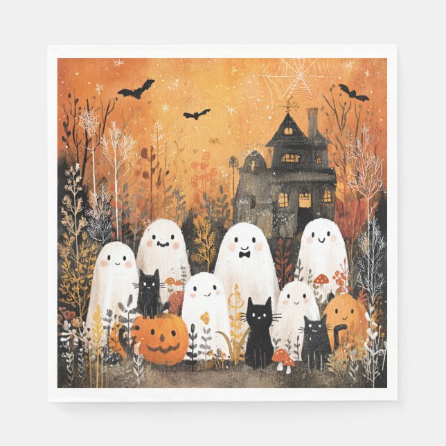 Halloween ghosts, black cats and bats, napkins (Front)