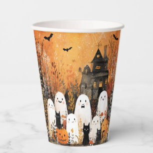 Halloween ghosts, black cats and bats, paper cups