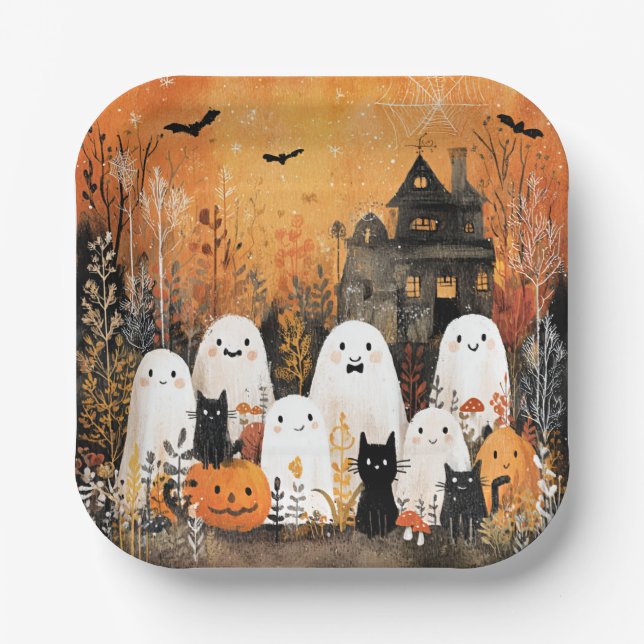 Halloween ghosts, black cats and bats, paper plates (Front)