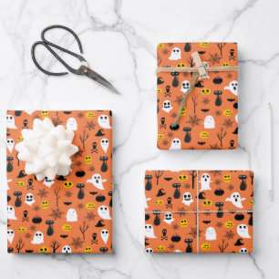 Halloween Ghosts Black Cats Spider Webs Fun Wrapping Paper Sheets