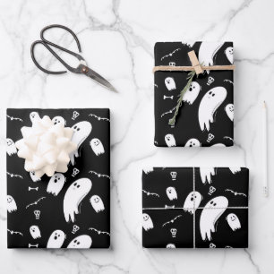 Halloween Ghosts Black White Wrapping Paper Sheets
