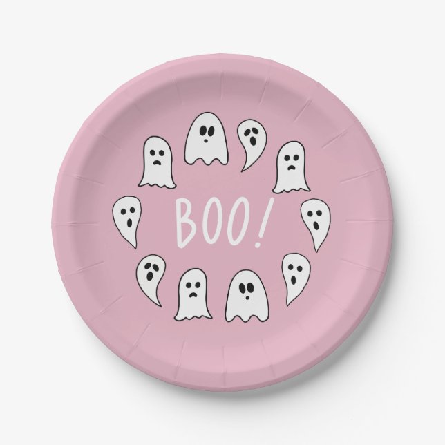 Halloween Ghosts Boo Pink Paper Plates (Front)
