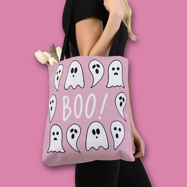Halloween Ghosts Boo Tote Bag (Pink and white ghosts Halloween tote bag)