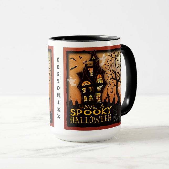 Halloween Ghosts Haunted House Bats Customizable Mug (Front Right)