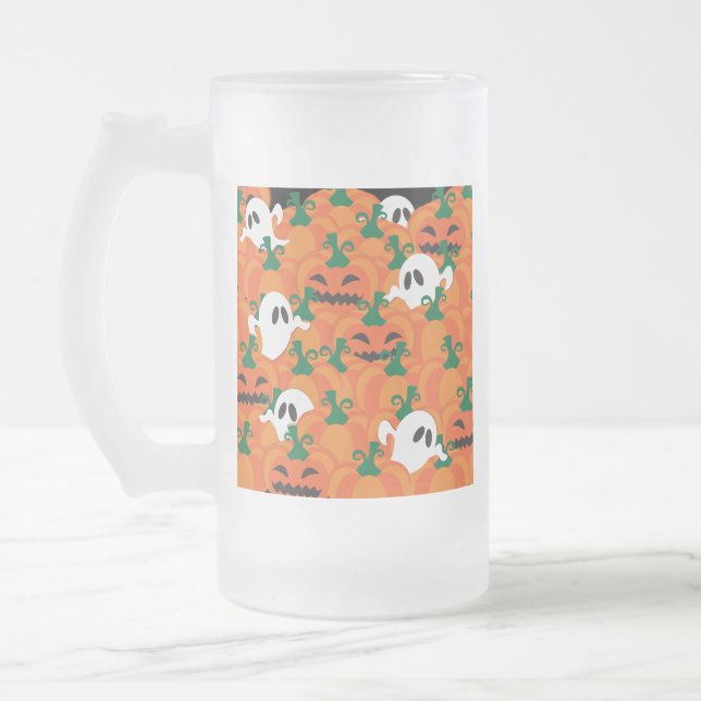 Halloween Ghosts Haunted Pumpkin Patch Frosted Glass Beer Mug (Left)
