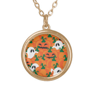Halloween Ghosts Haunted Pumpkin Patch Gold Plated Necklace