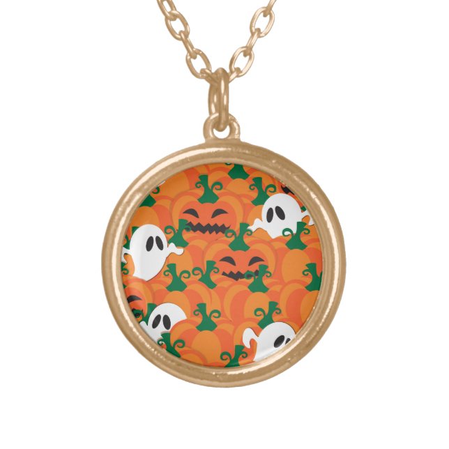 Halloween Ghosts Haunted Pumpkin Patch Gold Plated Necklace (Front)