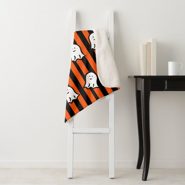 Halloween Ghosts on Black and Orange Stripes  Sherpa Blanket (In Situ)