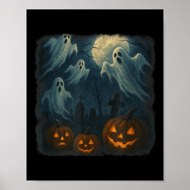 Halloween. Ghosts, Pumpkins And Graveyard!  Poster (Front)