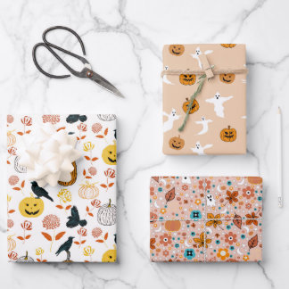 Halloween Ghosts, Pumpkins,Ravens and Fall Foliage Wrapping Paper Sheets