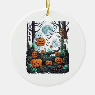 Halloween Ghosts Scary Pumpkins Owl Full Moon Bats Ceramic Ornament