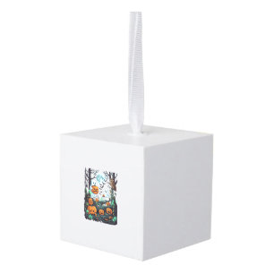 Halloween Ghosts Scary Pumpkins Owl Full Moon Bats Cube Ornament