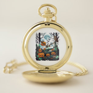 Halloween Ghosts Scary Pumpkins Owl Full Moon Bats Pocket Watch