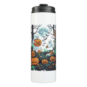 Halloween Ghosts Scary Pumpkins Owl Full Moon Bats Thermal Tumbler