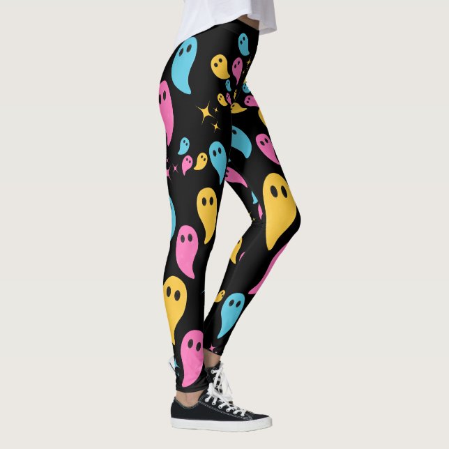 Halloween Ghosts Stars Black Bold Colorful Neon Leggings (Right)