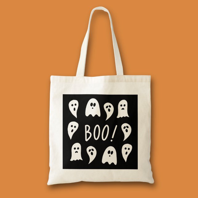 Halloween Ghosts Trick or Treat Tote Bag (Black and white ghost halloween trick or treat tote bag)