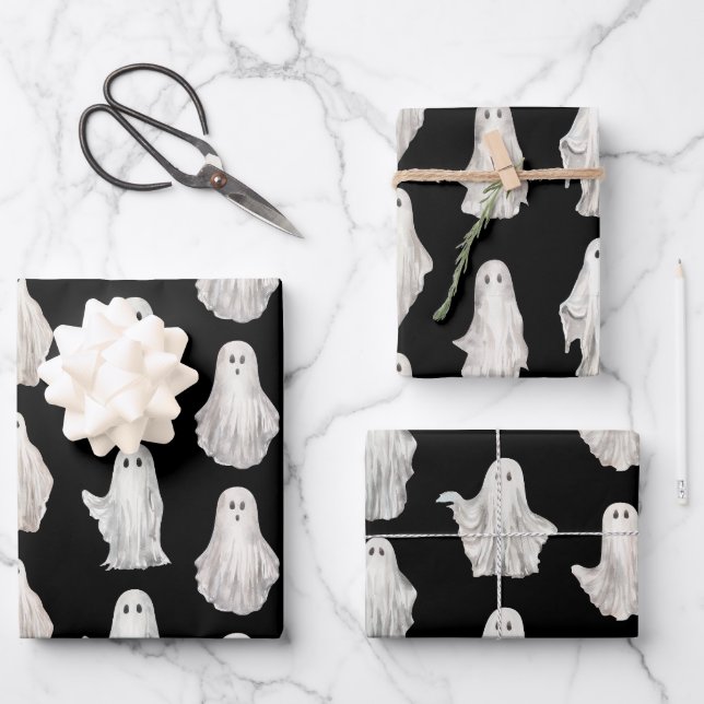 Halloween Ghosts Watercolor Pattern Wrapping Paper (Front)