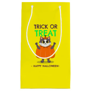 Halloween gift bag, cat in pumpkin with yellow small gift bag
