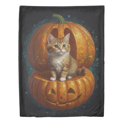 Halloween Ginger Tabby Kitten Living in a Pumpkin  Duvet Cover