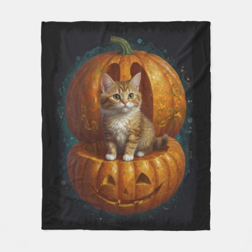 Halloween Ginger Tabby Kitten Living in a Pumpkin  Fleece Blanket
