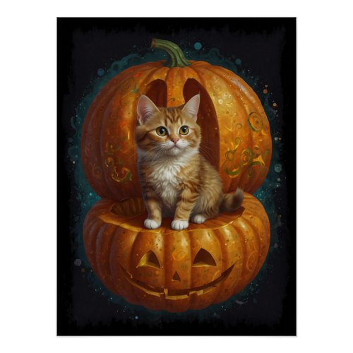 Halloween Ginger Tabby Kitten Living in a Pumpkin  Poster