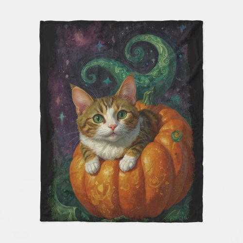 Halloween Ginger  White Kitten Riding a Pumpkin  Fleece Blanket