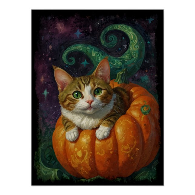 Halloween Ginger & White Kitten Riding a Pumpkin  Poster (Front)