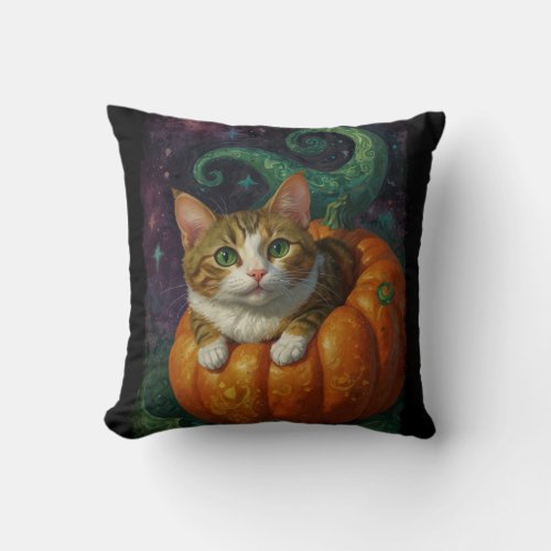 Halloween Ginger  White Kitten Riding a Pumpkin  Throw Pillow