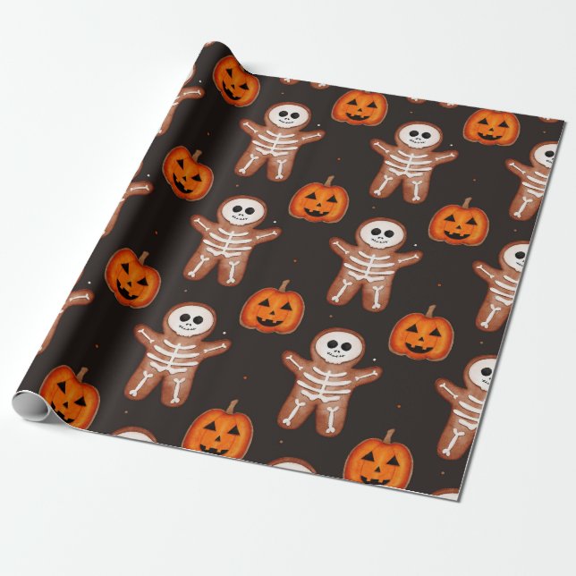 Halloween Gingerbread Skeleton Wrapping Paper (Unrolled)