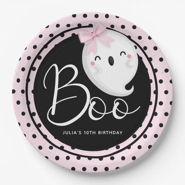 Halloween Girl Birthday Pink Black Personalized Paper Plates (Front)
