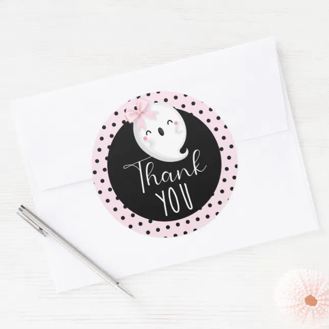 Halloween Girl Birthday Pink Black Thank you Classic Round Sticker | Zazzle