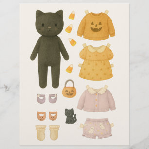 Halloween Girl Black Cat Watercolor Paper Doll