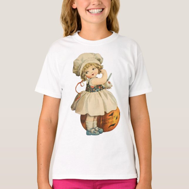 Halloween Girl Carving Apple T-Shirt (Front)