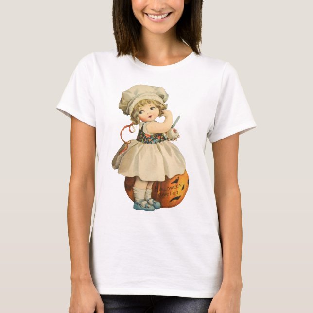 Halloween Girl Carving Apple T-Shirt (Front)